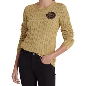 Lauren Ralph Lauren Gold Metallic Cable Knit Crest Sweater Shoulder Button SP